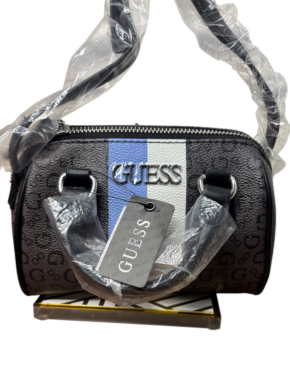 Guess Black Mini Satchel with Blue and White Center Stripe and crossbody strap